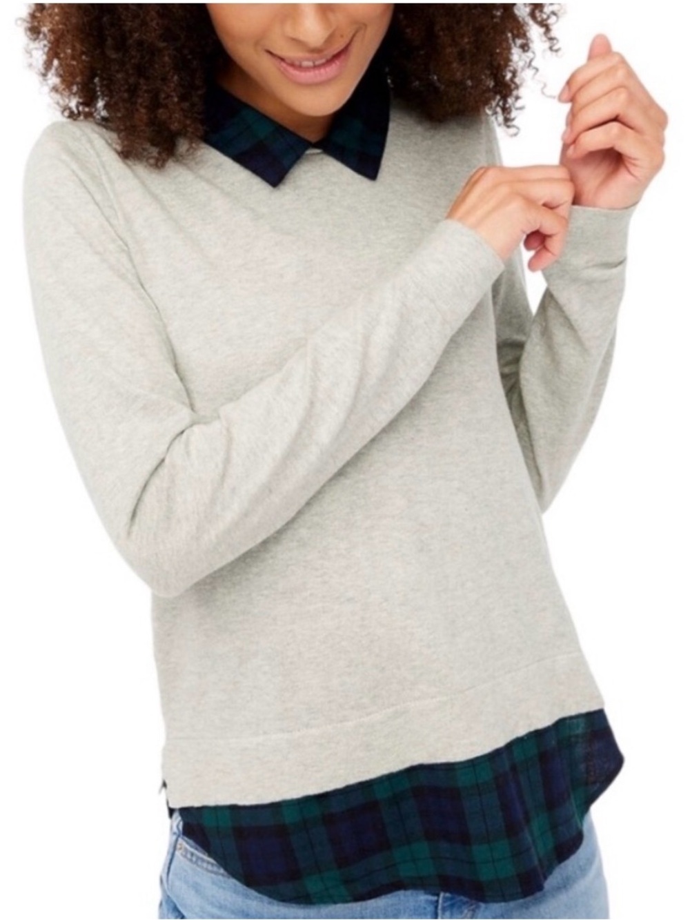 J CREW Woven-Collar Sweater in Blackwatch Flannel Combo XS